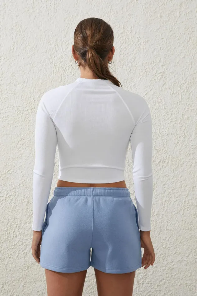 Women Tops Cotton On Rib Cropped Zip Through Long Sleeve White