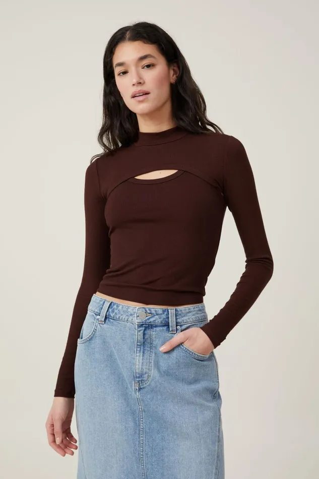 Women Tops Cotton On Staple Mock Neck Shrug Dark Oak