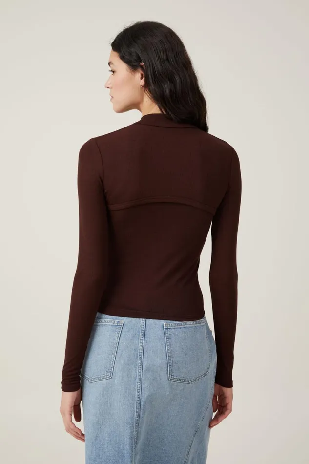 Women Tops Cotton On Staple Mock Neck Shrug Dark Oak