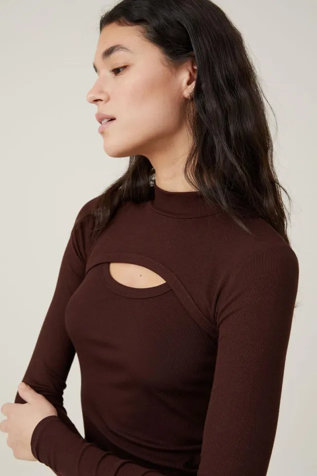 Women Tops Cotton On Staple Mock Neck Shrug Dark Oak