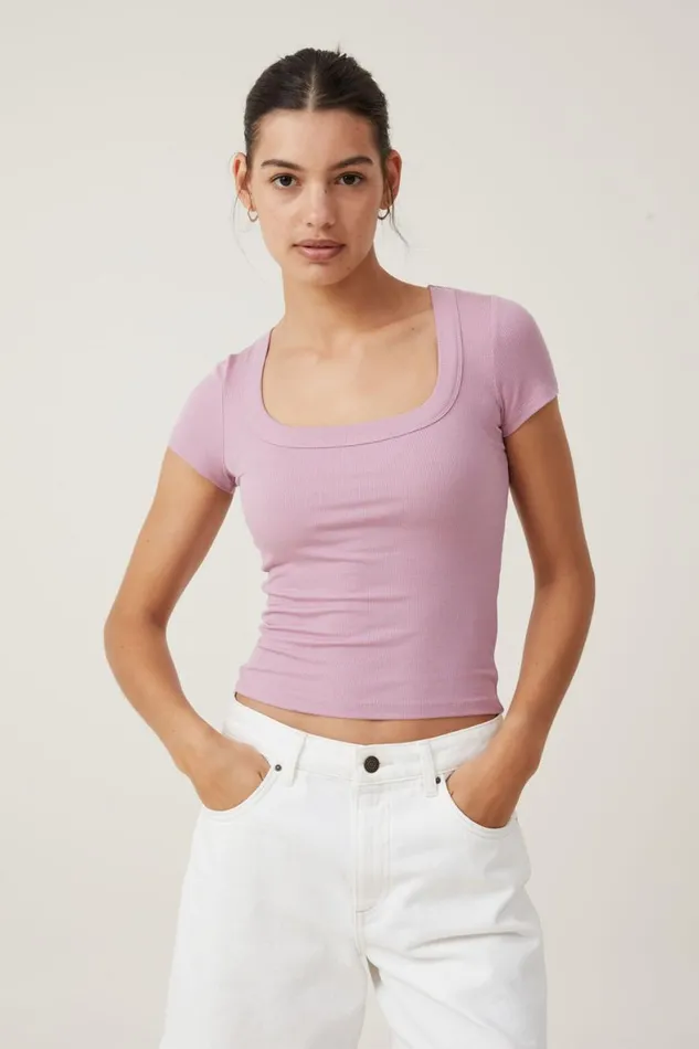 Women Tops Cotton On Staple Rib Scoop Neck Short Sleeve Top Purple Dusk
