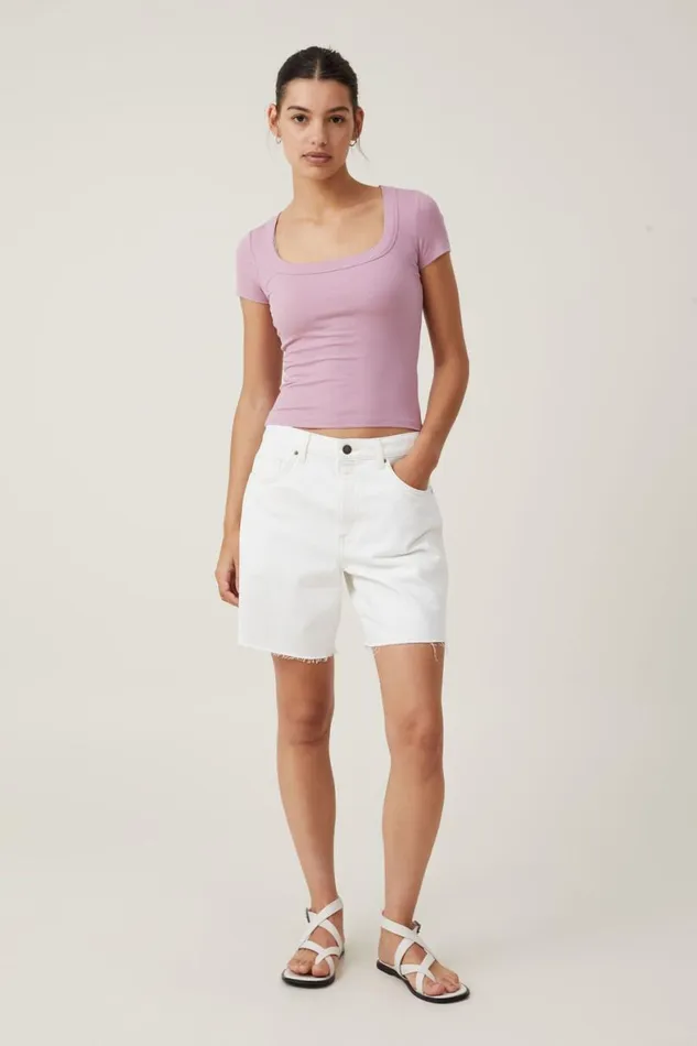 Women Tops Cotton On Staple Rib Scoop Neck Short Sleeve Top Purple Dusk