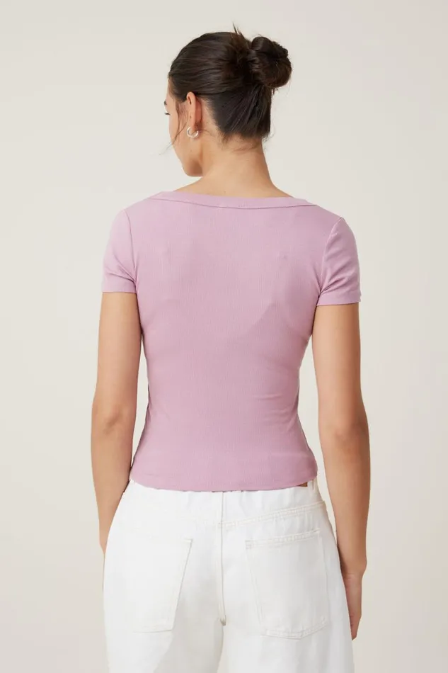 Women Tops Cotton On Staple Rib Scoop Neck Short Sleeve Top Purple Dusk