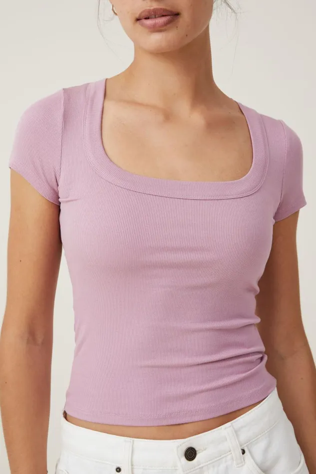 Women Tops Cotton On Staple Rib Scoop Neck Short Sleeve Top Purple Dusk