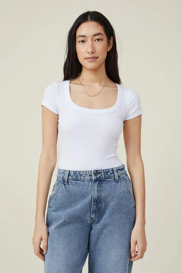 Women Tops Cotton On Staple Rib Scoop Neck Short Sleeve Top White