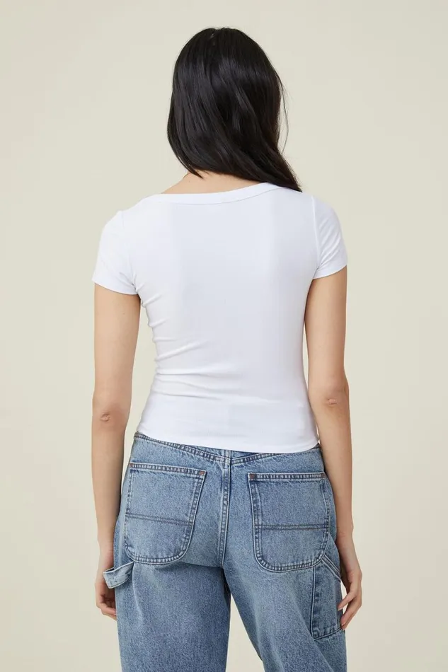 Women Tops Cotton On Staple Rib Scoop Neck Short Sleeve Top White