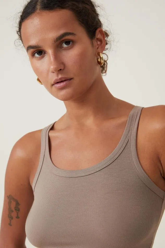 Women Tops Cotton On Staple Rib Scoop Neck Tank Rich Taupe