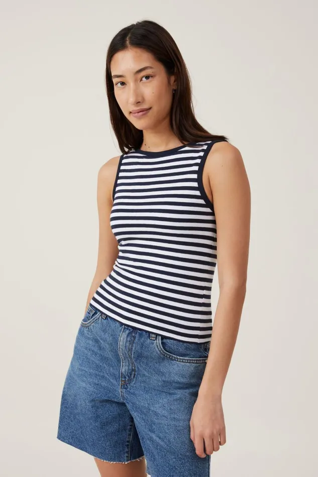 Women Tops Cotton On The One Basic Boat Neck Tank Cara Stripe Whiteink Navy