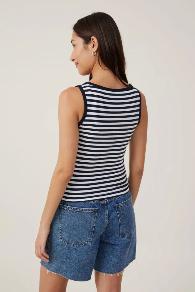 Women Tops Cotton On The One Basic Boat Neck Tank Cara Stripe Whiteink Navy