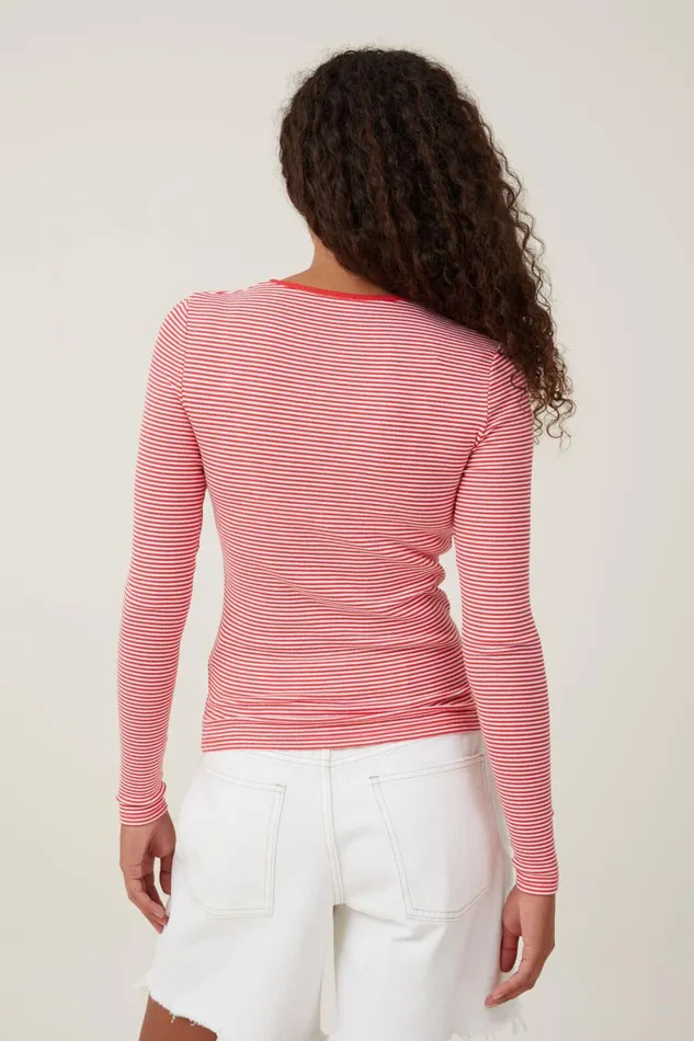 Women Tops Cotton On The One Organic Rib Crew Long Sleeve Top Mini Stripe Whitefiery Red