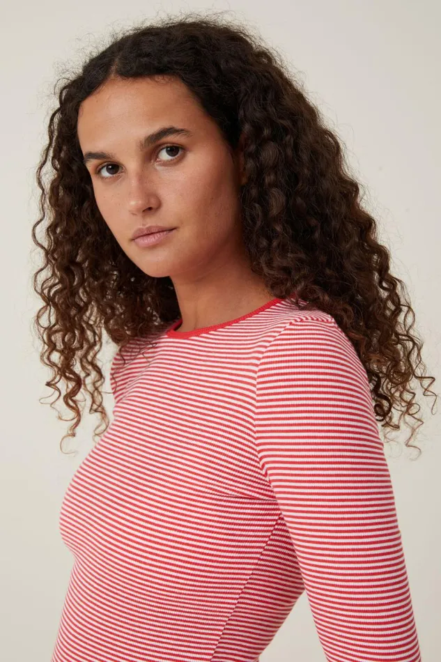 Women Tops Cotton On The One Organic Rib Crew Long Sleeve Top Mini Stripe Whitefiery Red