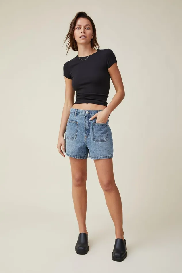 Women Tops Cotton On The One Organic Rib Crew Short Sleeve Tee Black