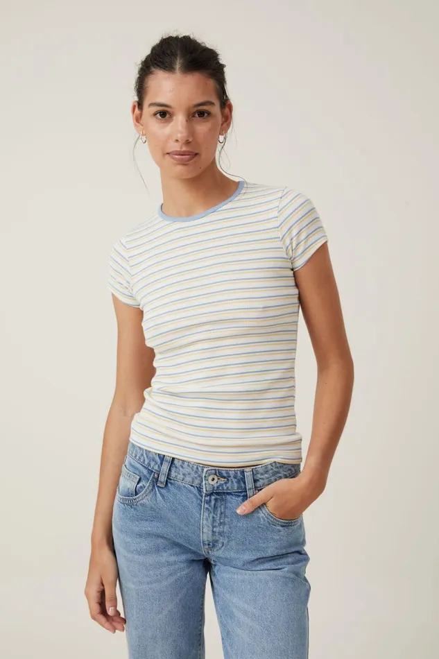 Women Tops Cotton On The One Organic Rib Crew Short Sleeve Tee Dee Stripe Horizon Bluesoft Butter