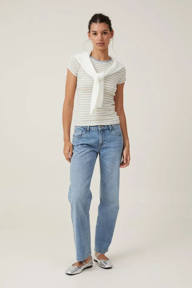 Women Tops Cotton On The One Organic Rib Crew Short Sleeve Tee Dee Stripe Horizon Bluesoft Butter