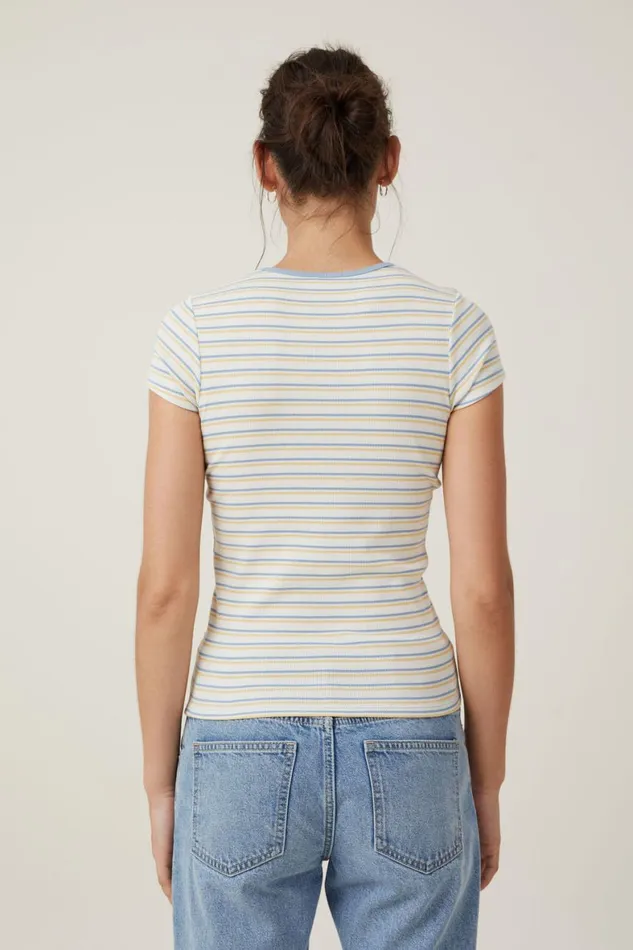 Women Tops Cotton On The One Organic Rib Crew Short Sleeve Tee Dee Stripe Horizon Bluesoft Butter