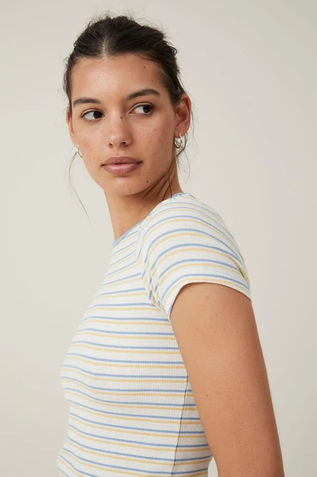 Women Tops Cotton On The One Organic Rib Crew Short Sleeve Tee Dee Stripe Horizon Bluesoft Butter