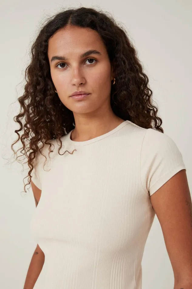 Women Tops Cotton On The One Organic Variegated Rib Crew Short Sleeve T Stone