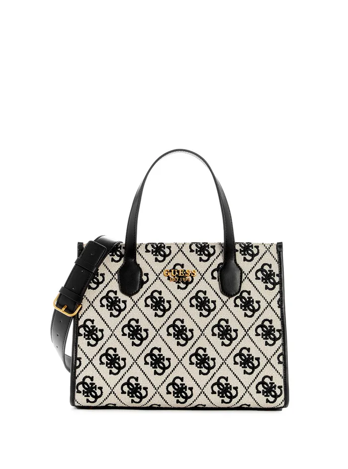 Women Tote Bags GUESS Black Logo Silvana Canvas Tote Bag
