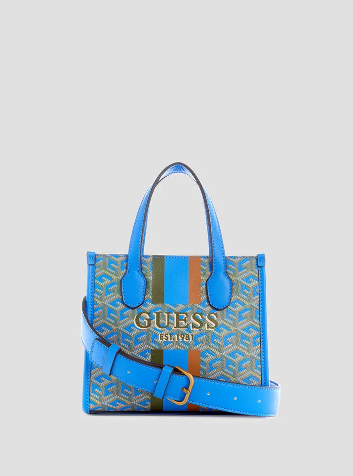 Women Tote Bags GUESS Blue Logo Silvana Mini Tote Bag Women Tote Bags GUESS Blue Logo Silvana Mini Tote Bag