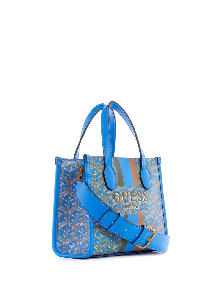 Women Tote Bags GUESS Blue Logo Silvana Mini Tote Bag Women Tote Bags GUESS Blue Logo Silvana Mini Tote Bag