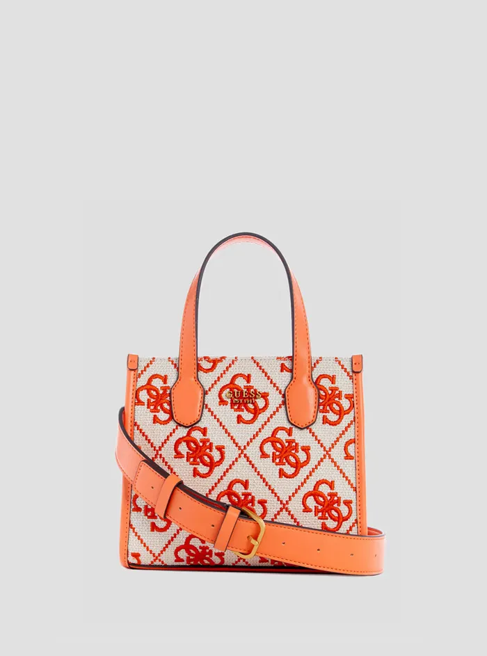Women Tote Bags GUESS Orange Logo Silvana Mini Canvas Tote Bag