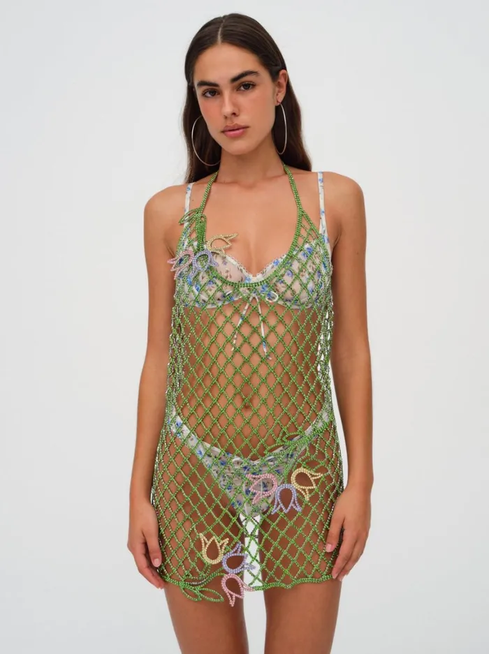 Women Tulip Grid Rhinestone Dress Green For Love and Lemons Dresses