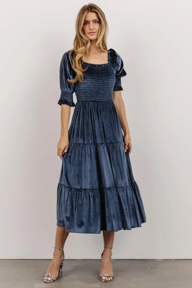Women Vivaldi Smocked Velvet Midi Dress Blue Baltic Born The Guest Edit
