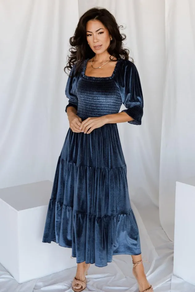 Women Vivaldi Smocked Velvet Midi Dress Blue Baltic Born The Guest Edit