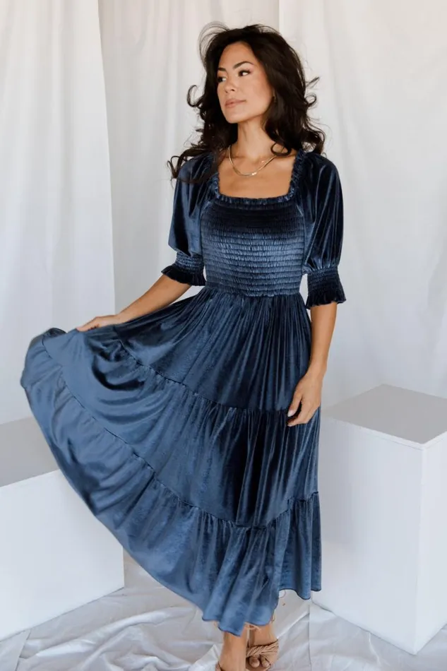 Women Vivaldi Smocked Velvet Midi Dress Blue Baltic Born The Guest Edit