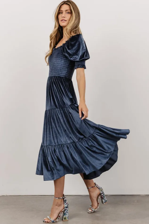 Women Vivaldi Smocked Velvet Midi Dress Blue Baltic Born The Guest Edit