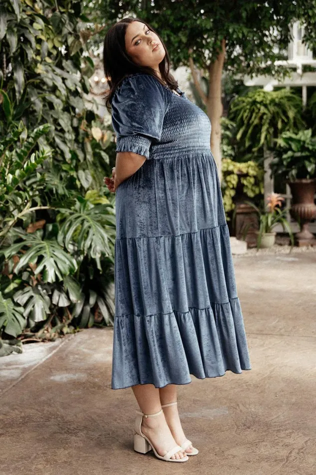 Women Vivaldi Smocked Velvet Midi Dress Blue Baltic Born The Guest Edit