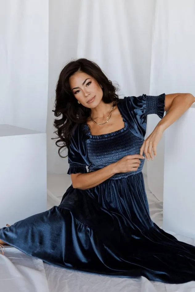 Women Vivaldi Smocked Velvet Midi Dress Blue Baltic Born The Guest Edit