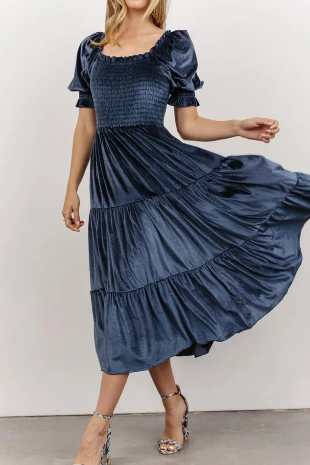 Women Vivaldi Smocked Velvet Midi Dress Blue Baltic Born The Guest Edit