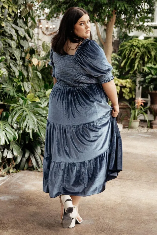 Women Vivaldi Smocked Velvet Midi Dress Blue Baltic Born The Guest Edit