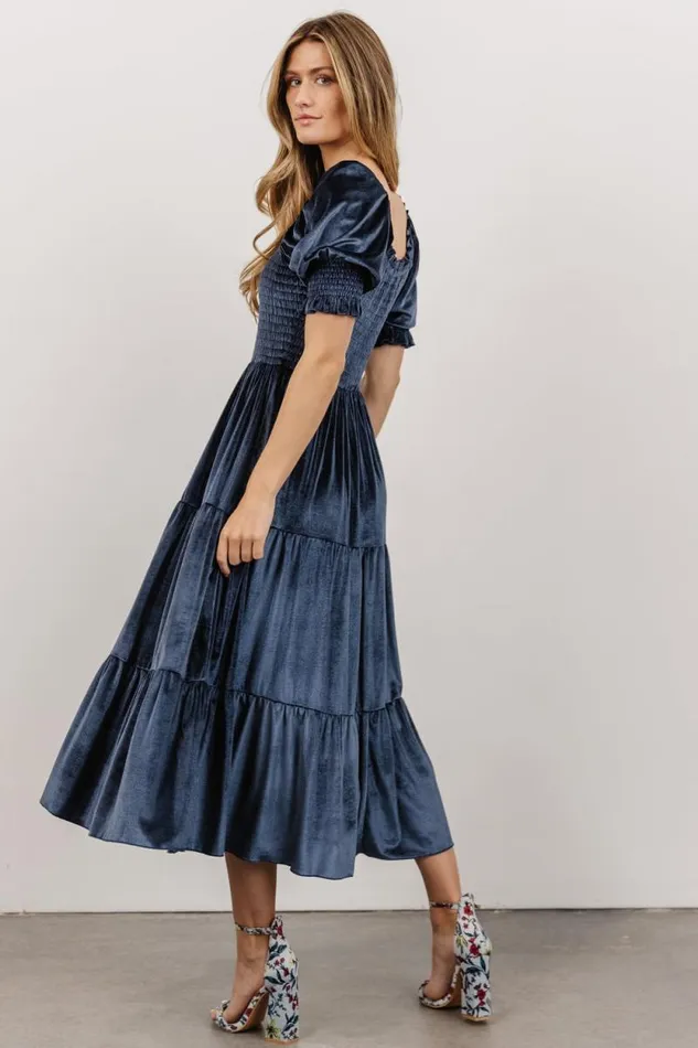Women Vivaldi Smocked Velvet Midi Dress Blue Baltic Born The Guest Edit