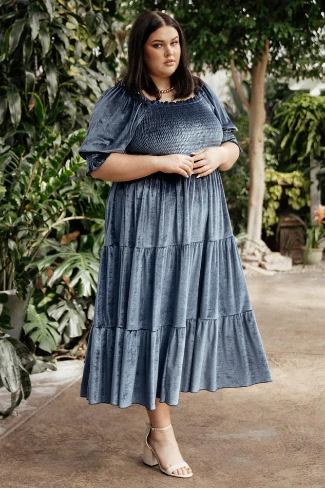 Women Vivaldi Smocked Velvet Midi Dress Blue Baltic Born The Guest Edit