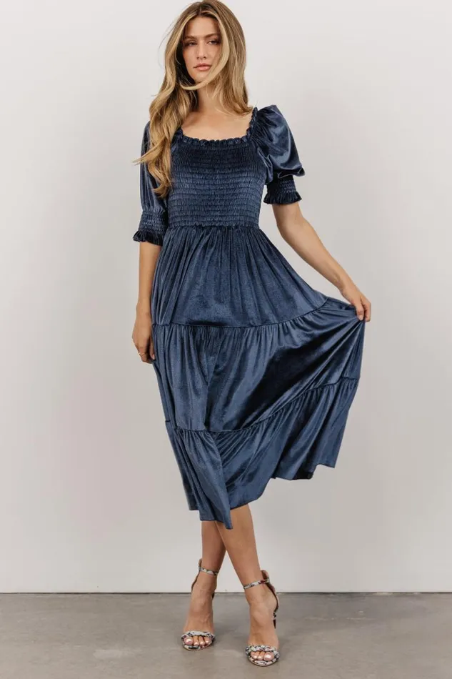Women Vivaldi Smocked Velvet Midi Dress Blue Baltic Born The Guest Edit