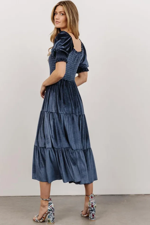Women Vivaldi Smocked Velvet Midi Dress Blue Baltic Born The Guest Edit