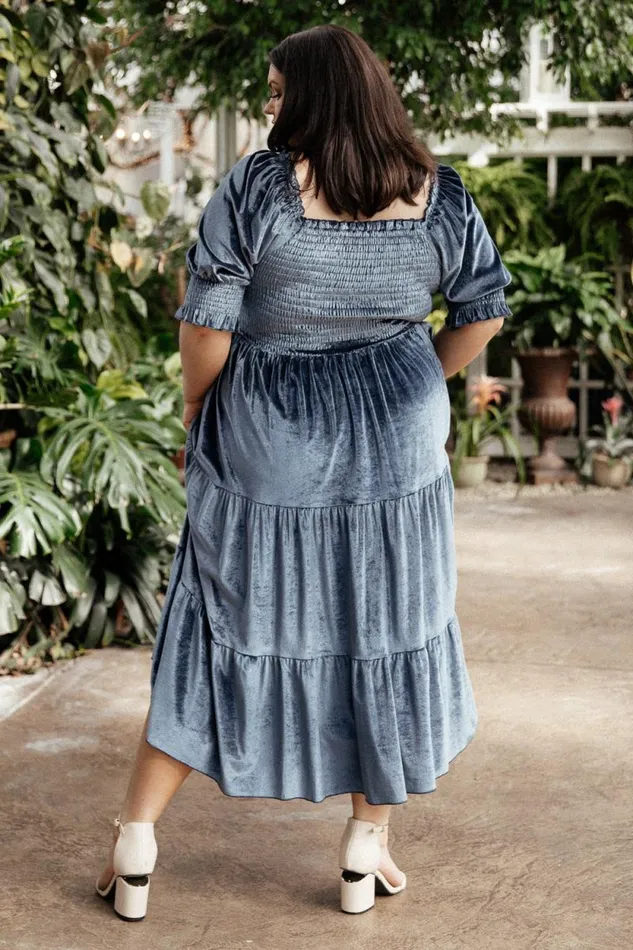 Women Vivaldi Smocked Velvet Midi Dress Blue Baltic Born The Guest Edit