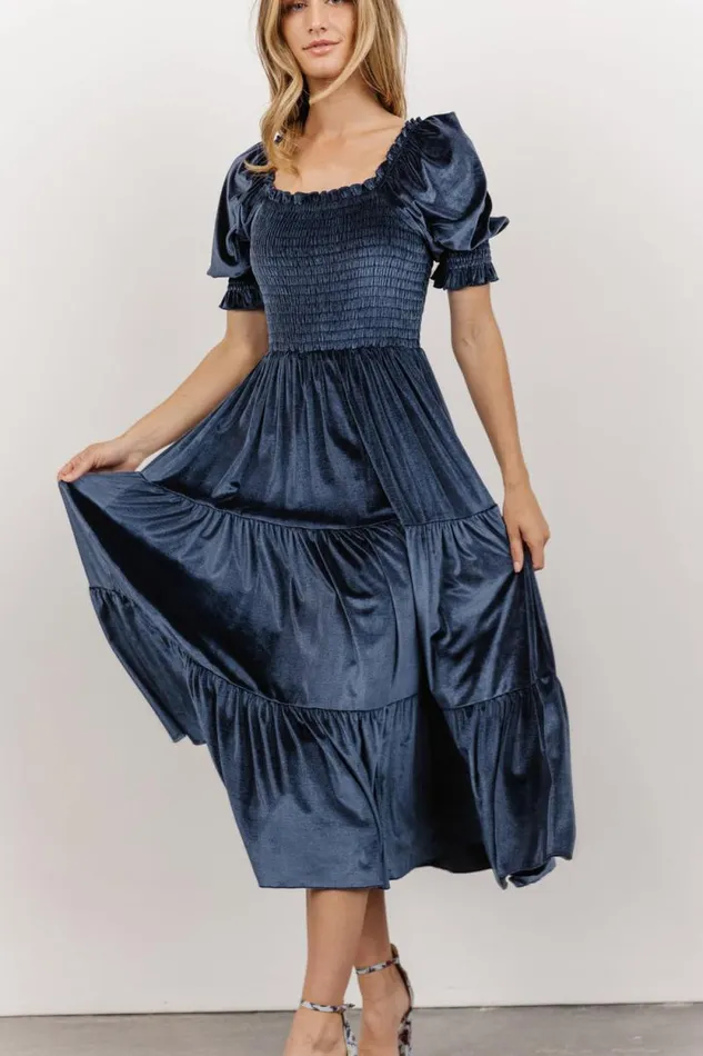 Women Vivaldi Smocked Velvet Midi Dress Blue Baltic Born The Guest Edit