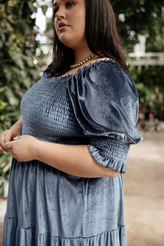 Women Vivaldi Smocked Velvet Midi Dress Blue Baltic Born The Guest Edit