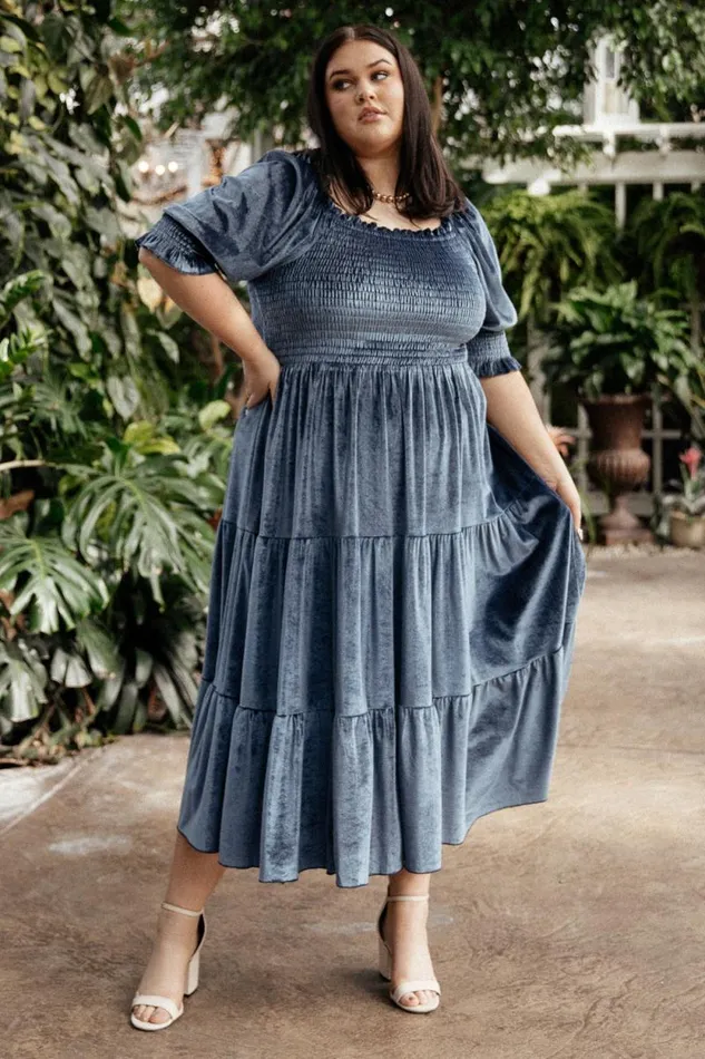 Women Vivaldi Smocked Velvet Midi Dress Blue Baltic Born The Guest Edit