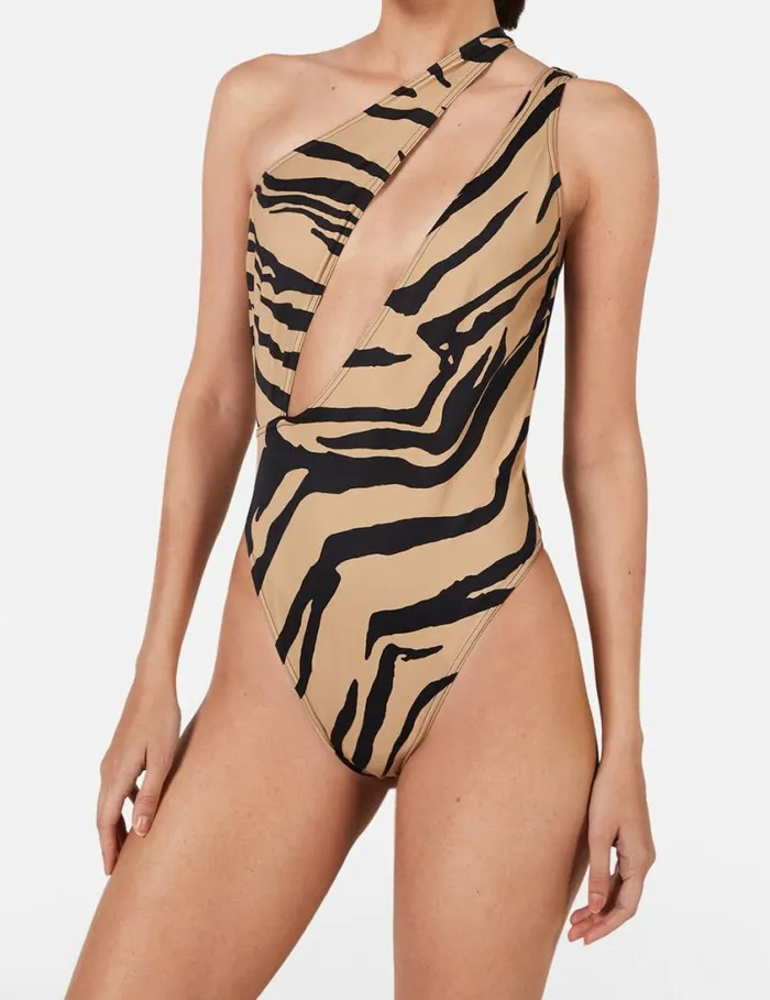 Women Zebra Print CutOut Swimsuit Camelblack Stella McCartney Swimwear Women Zebra Print CutOut Swimsuit Camelblack Stella McCartney Swimwear