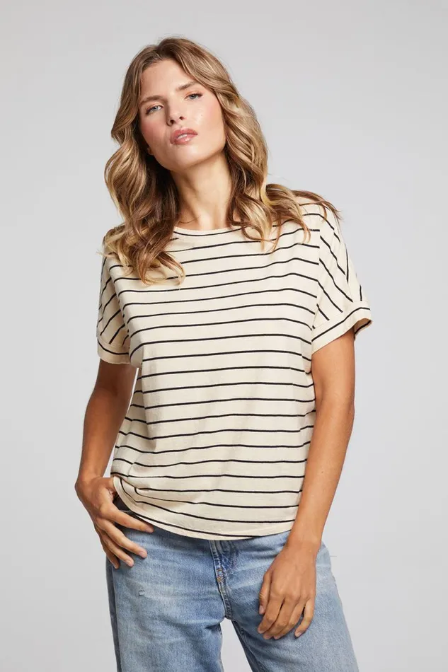 Womens Tops Chaser Brand Amber Black And Sand Stripe Tee
