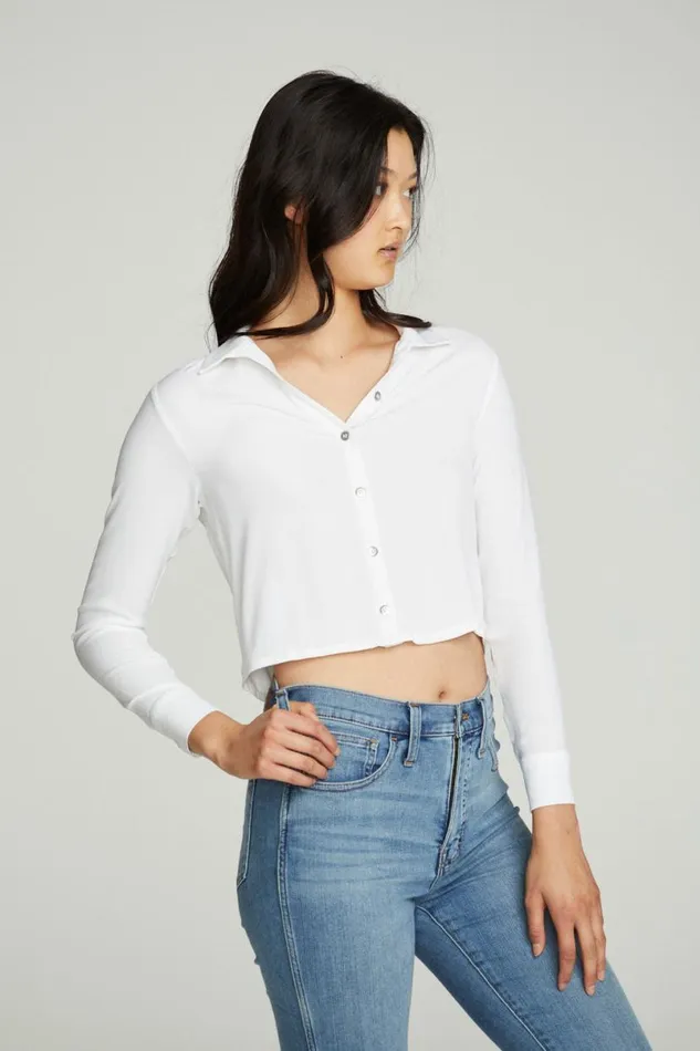 Womens Tops Chaser Brand Cropped Long Sleeve Button Down Shirt