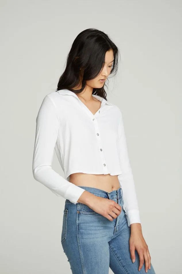 Womens Tops Chaser Brand Cropped Long Sleeve Button Down Shirt