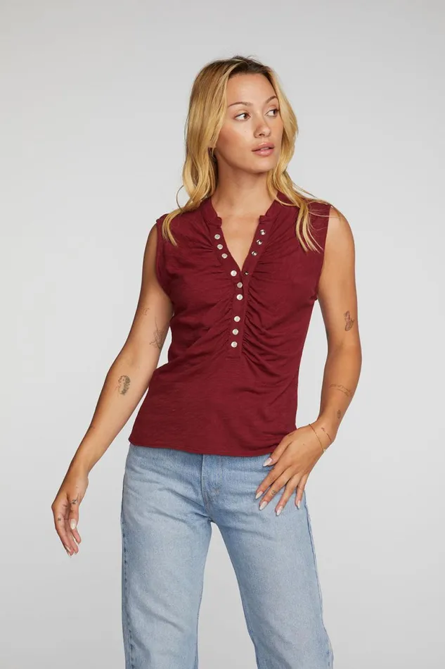 Womens Tops Chaser Brand Gauze Jersey Snap Down Tank With Shirring