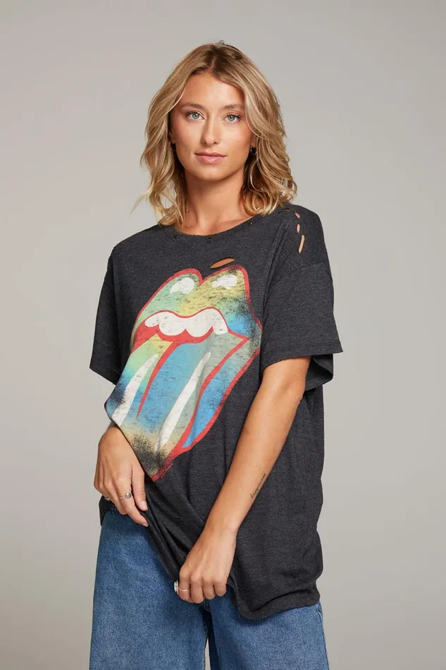 Womens Tops Chaser Brand Rolling Stones Classic Logo Distressed Tee