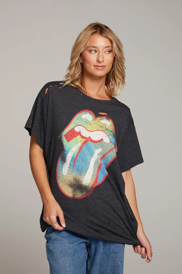 Womens Tops Chaser Brand Rolling Stones Classic Logo Distressed Tee