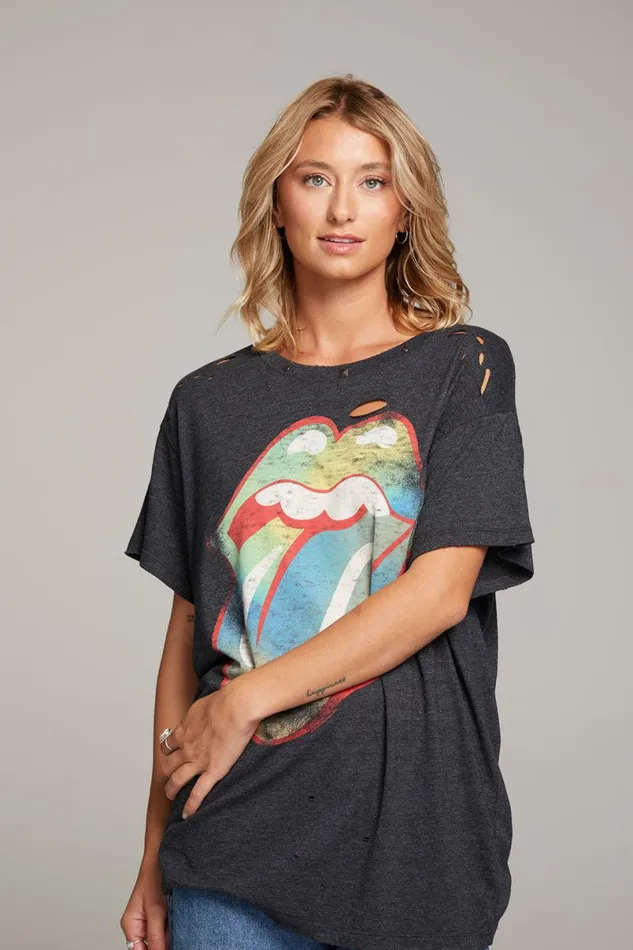 Womens Tops Chaser Brand Rolling Stones Classic Logo Distressed Tee